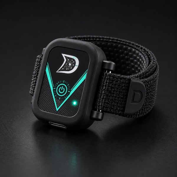 The Dial — a strap-on puck with a glowing power button and status light